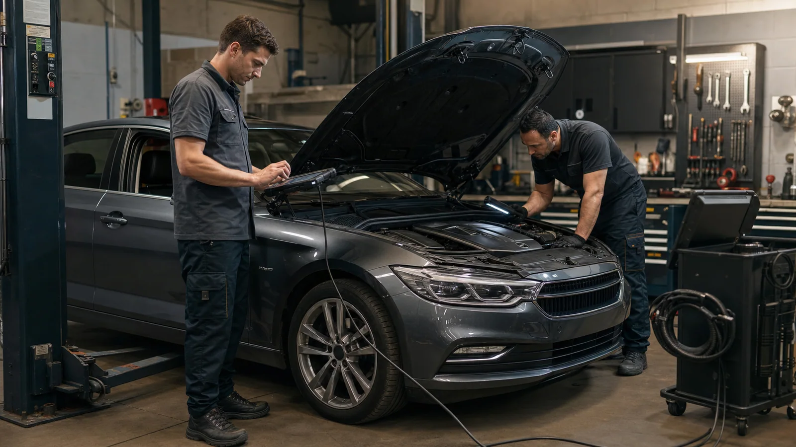 Two mechanics diagnosing a graphite sedan