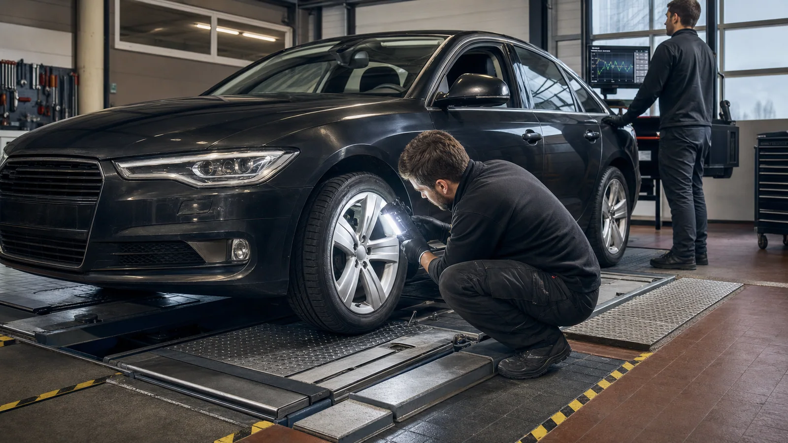 Sedan on a suspension inspection platform