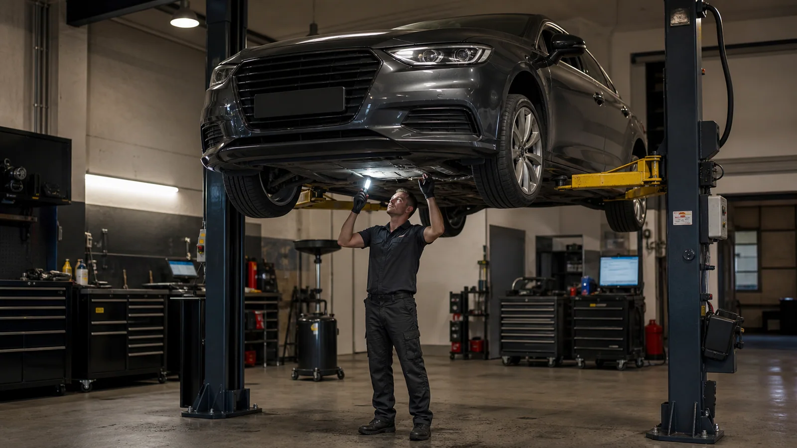 Graphite sedan raised on a professional two-post lift